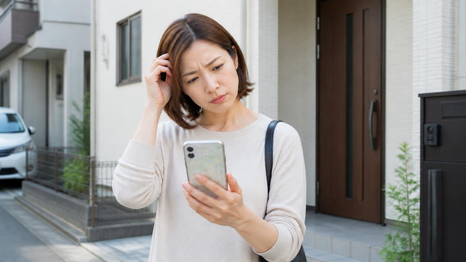 対応エリアはサイトによって違う。戸建ての玄関前で地図アプリを開く30代女性1人が首をかしげる