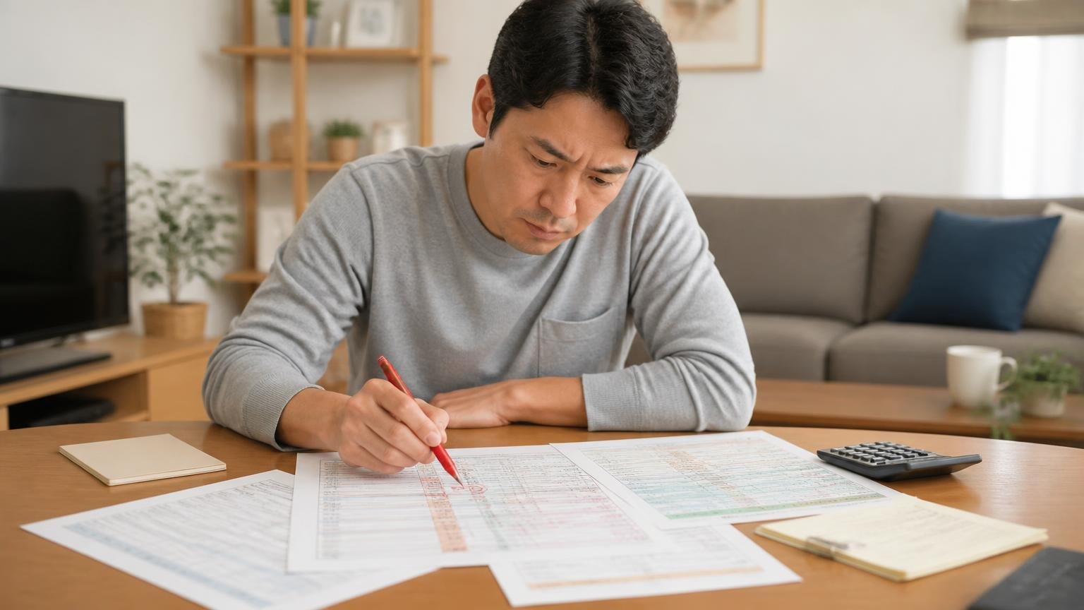 一式ではなく内訳で比べる 自宅リビングのテーブル 住人1人が見積書に赤ペンで印をつけ真剣な表情