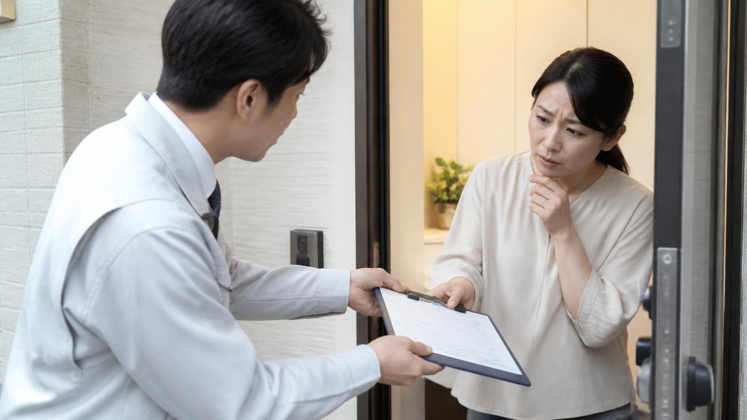 急かされてその場で契約しかける。住宅の玄関で作業員1人が住人女性1人に契約書を差し出す