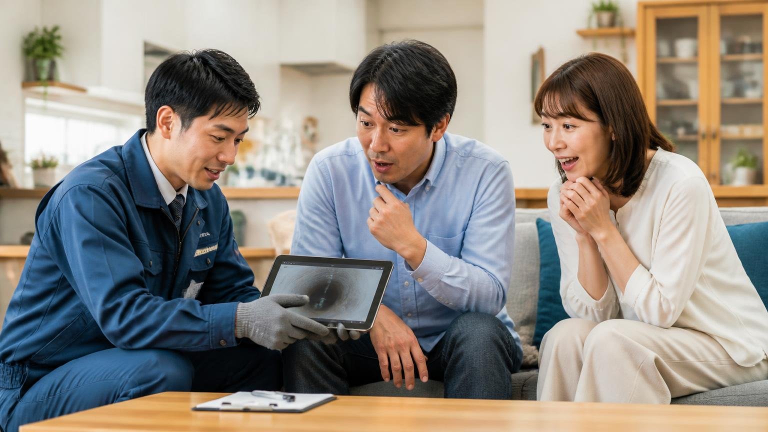 満足度を分けるのは見せてもらえたかどうか。リビングで作業員1人が住人2人にタブレットの点検映像を見せ説明する