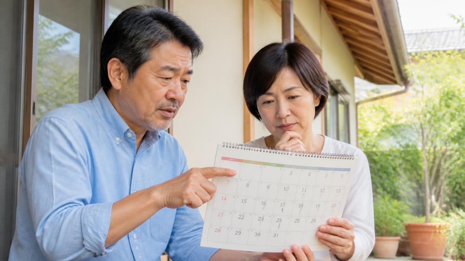 張る時期にも向き不向きがある|初夏の住宅の軒下|男女2人がカレンダーを見ながら時期を相談