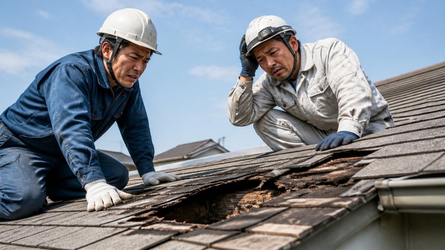 この状況なら自力の限界を超えている|住宅の屋根の上で作業員2人が広範囲の侵入口を確認し険しい表情