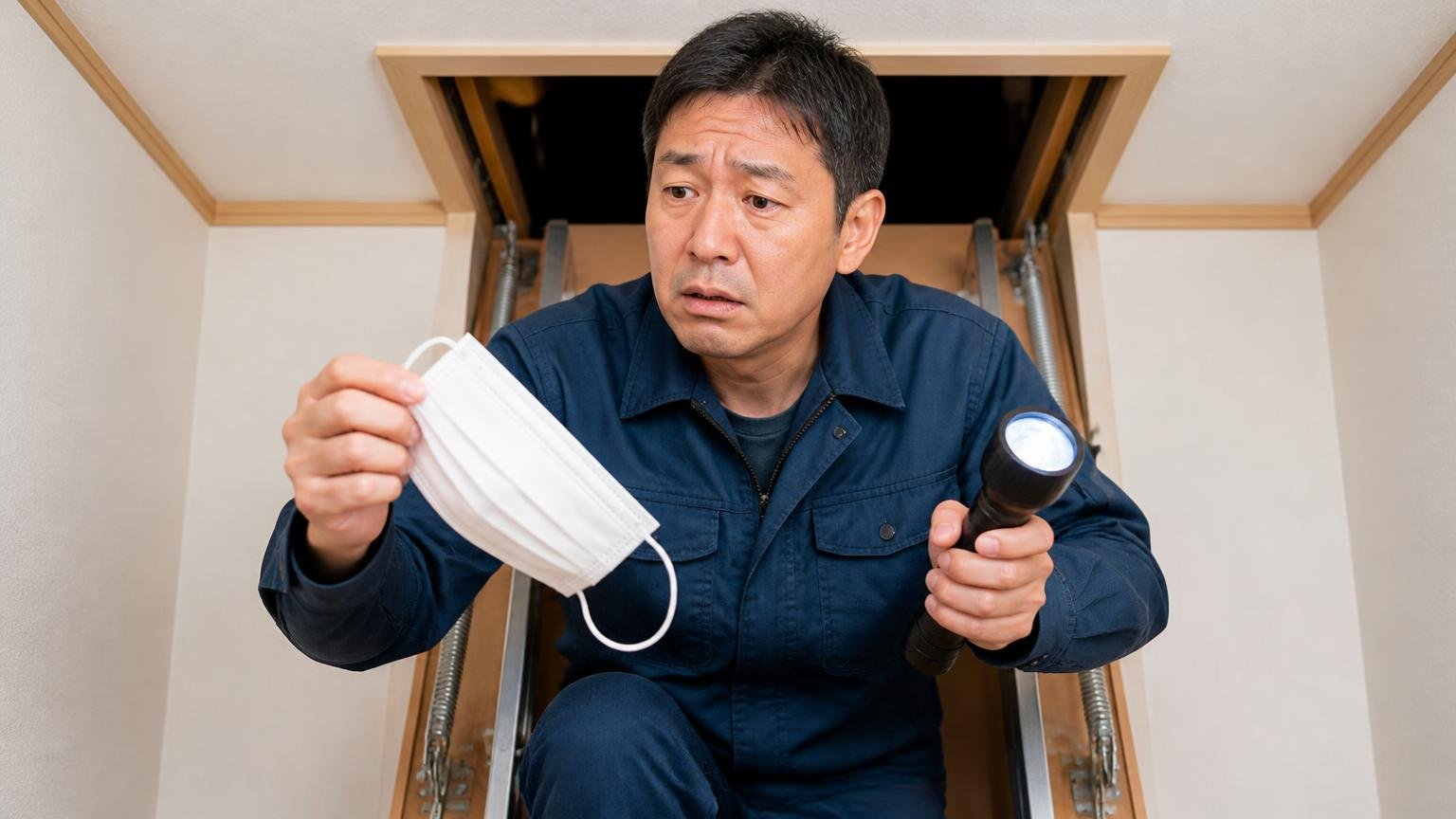 天井裏に上がる前の注意|住宅の点検口でマスクと懐中電灯を持つ男性1人が緊張した表情