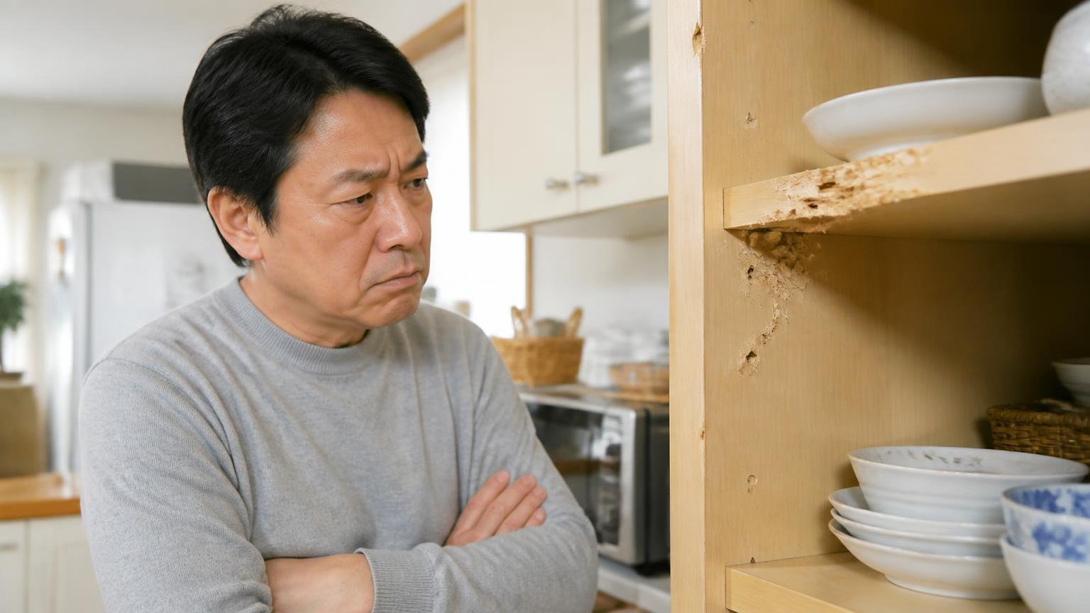 向いていない家の条件。台所の棚に残るかじり跡を見つめる50代男性が腕を組んで険しい表情になる