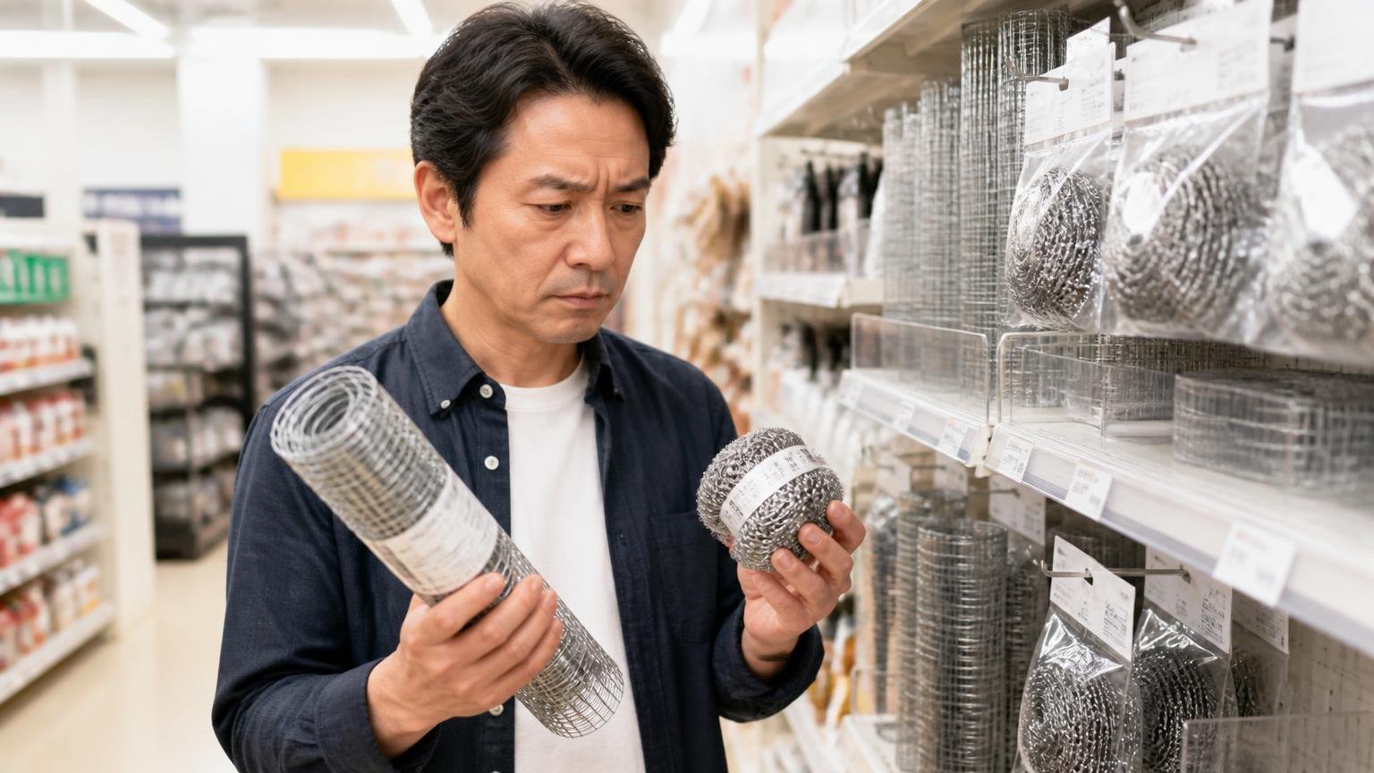 侵入口をふさぐ材料は数百円 ホームセンターの売り場で金属タワシと金網を手に取り値札を見る40代男性