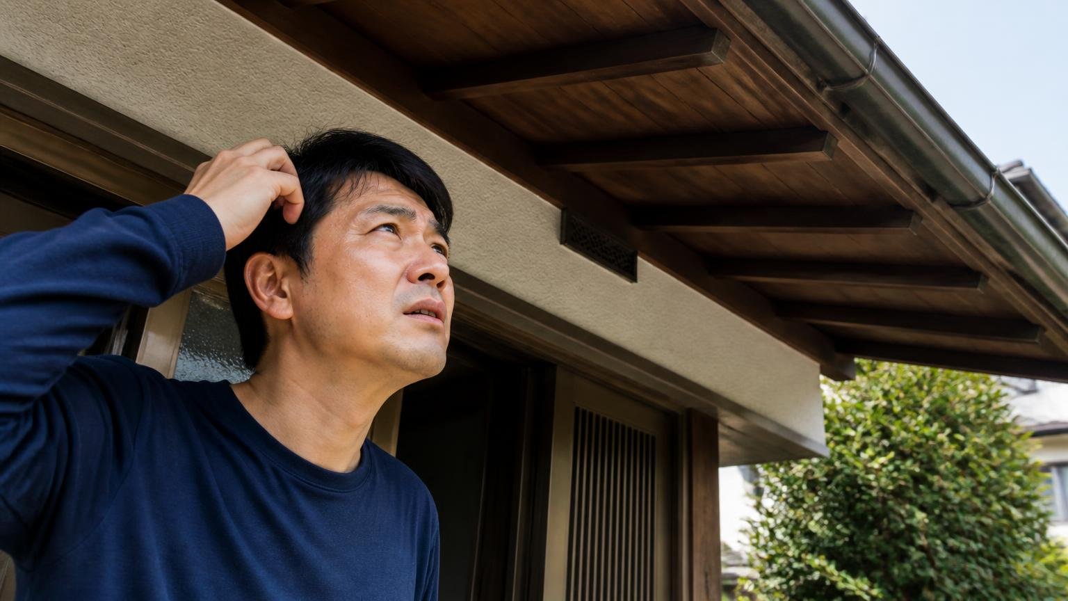 相手がネズミでない可能性 木造戸建ての屋根の軒下を見上げる玄関前で男性1人が眉をひそめる