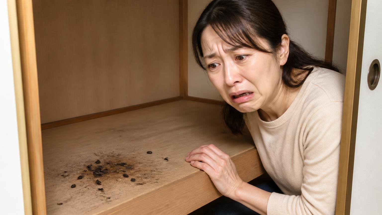 向いていない人の条件。木造住宅の押し入れの奥でフンの跡を見つけ顔をこわばらせる40代女性