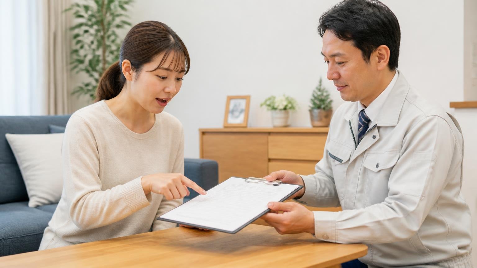 最長10年保証の最長を書面で確認する 住宅のリビングで保証書を受け取る 30代女性と作業員の2人 書類を指さして確認する