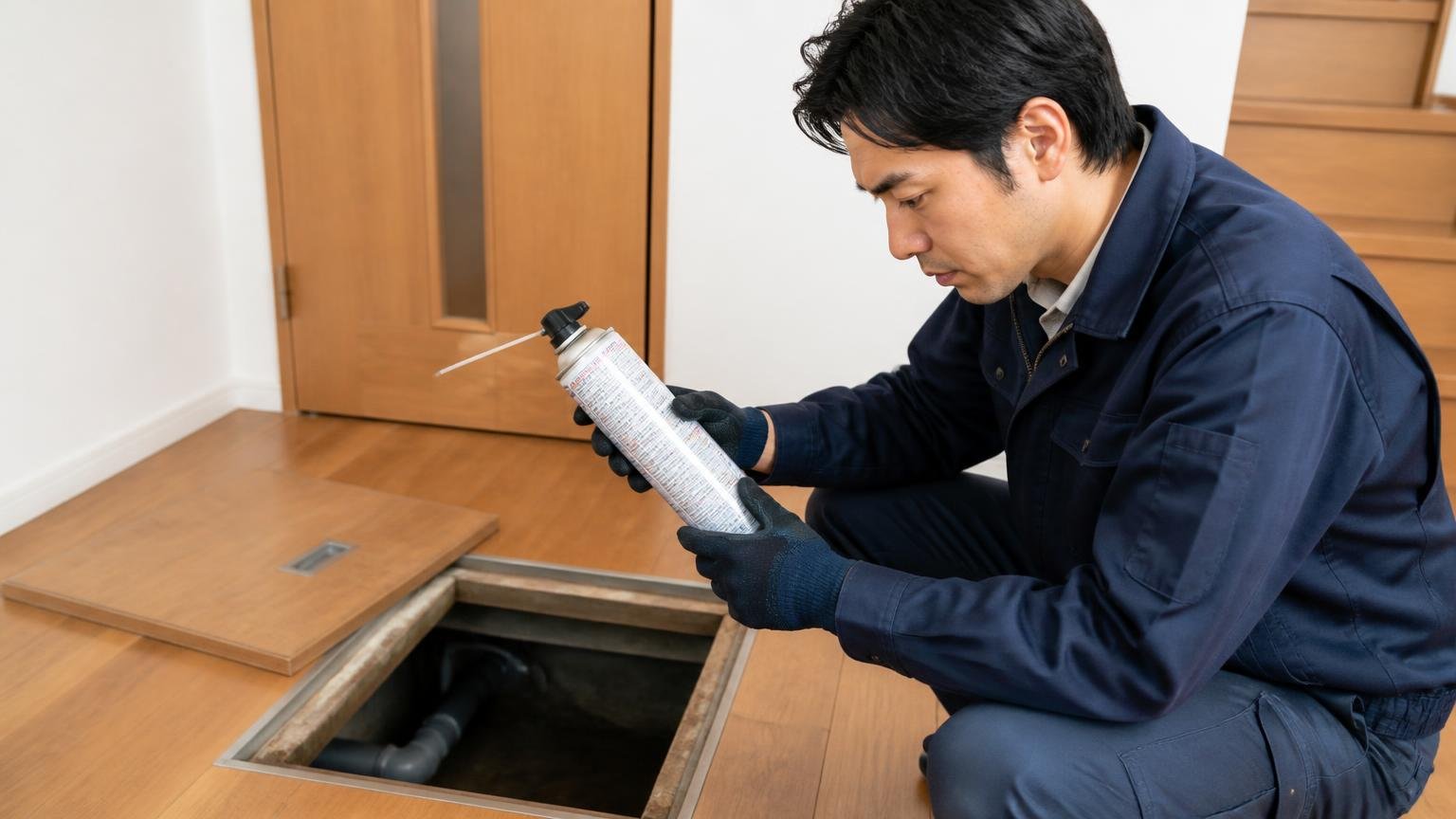 噴射する量と回数を確かめる場面 木造戸建ての床下点検口の前 30代男性がスプレー缶の表示を確認する