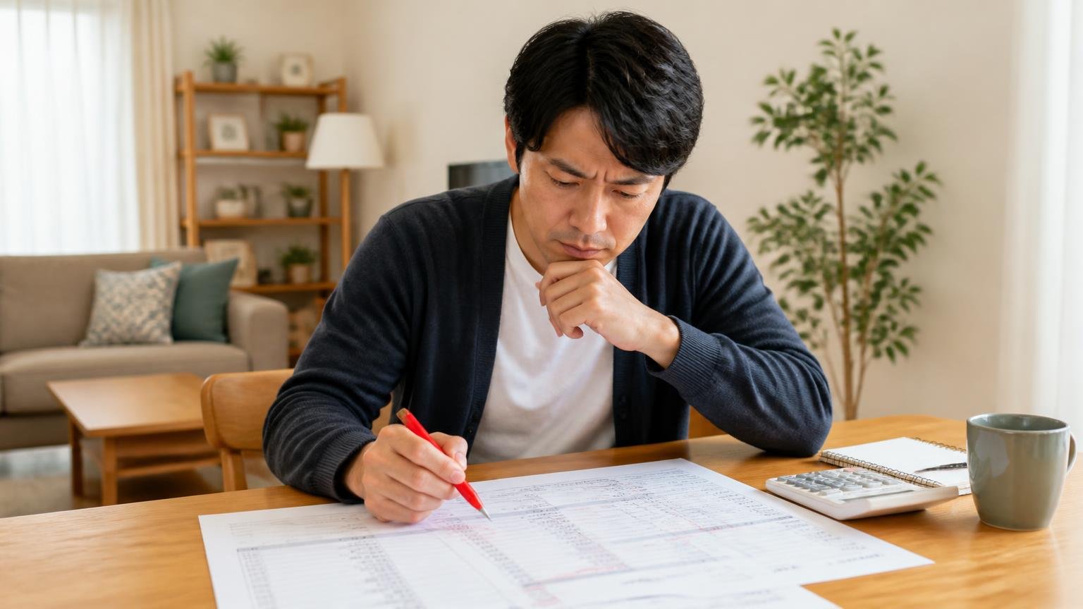 見積書の内訳をどこまで確認するか|リビングの机で見積書に赤ペンで印をつける30代男性1人