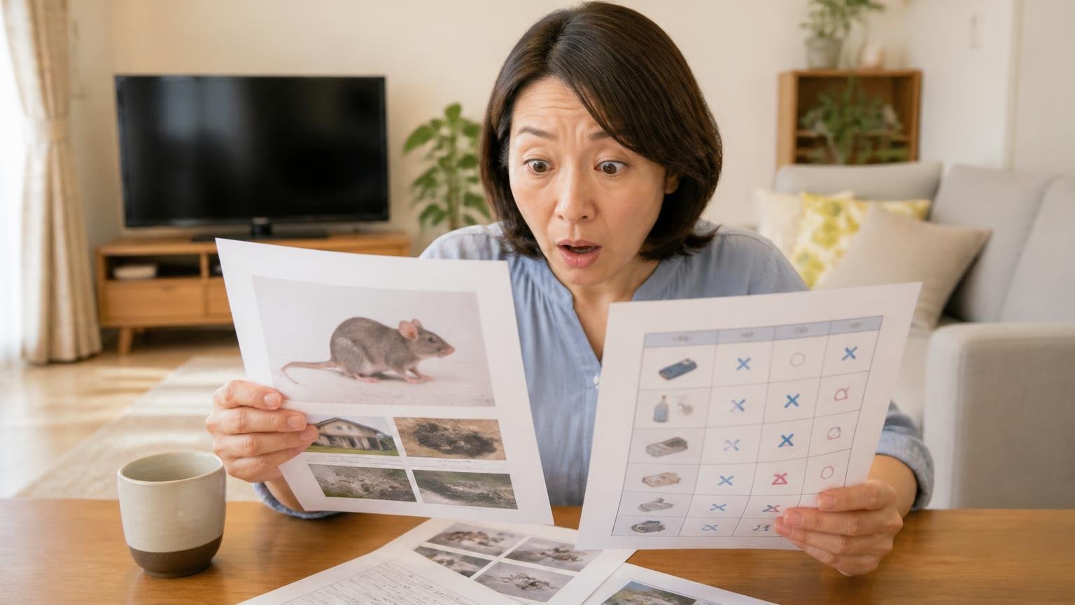 クマネズミには薬剤も罠も効きにくいと知る場面 木造戸建てのリビングで資料を見比べる40代女性1人 眉を上げて驚く