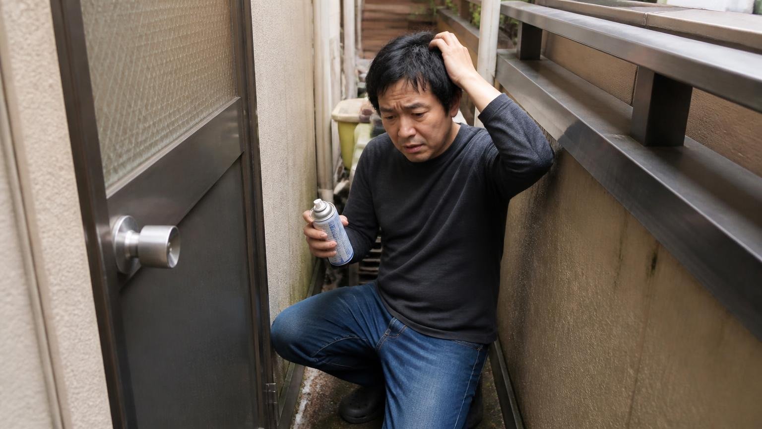 向いていない人・住宅の勝手口とベランダのすき間まわり・住人1人・スプレー缶を持ったまま途方に暮れる
