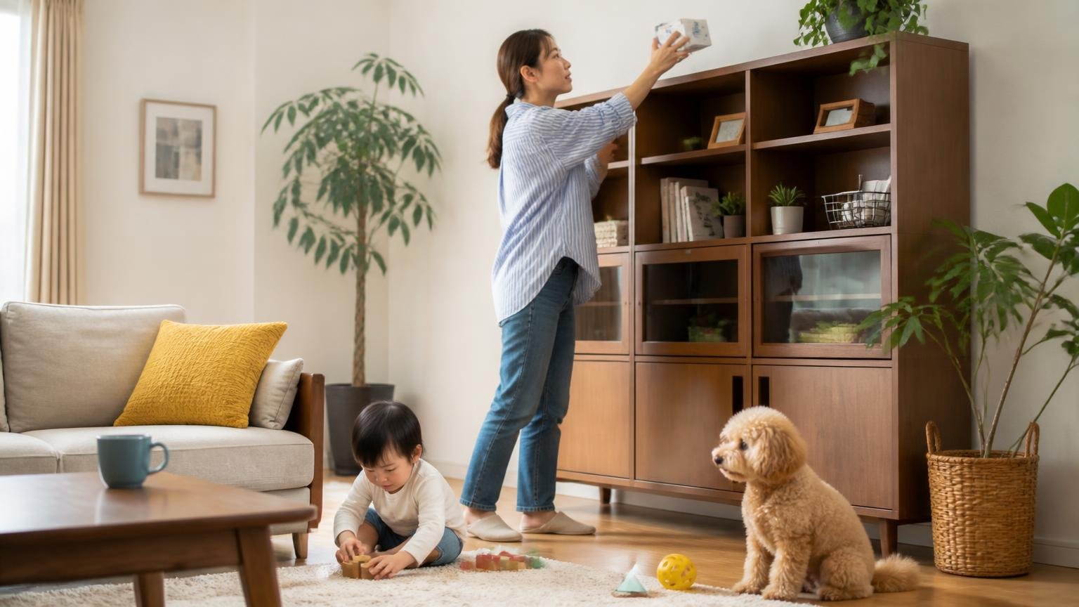 子どもとペットがいる家で使うときの注意。リビングの床で女性1人が小さな子どもとペットを見守りながら薬剤の箱を高い棚にしまう