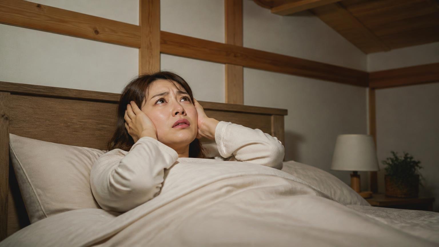 毎晩の物音に眠れず天井を見上げる場面 木造戸建ての寝室 30代女性がベッドで耳をふさぐ表情