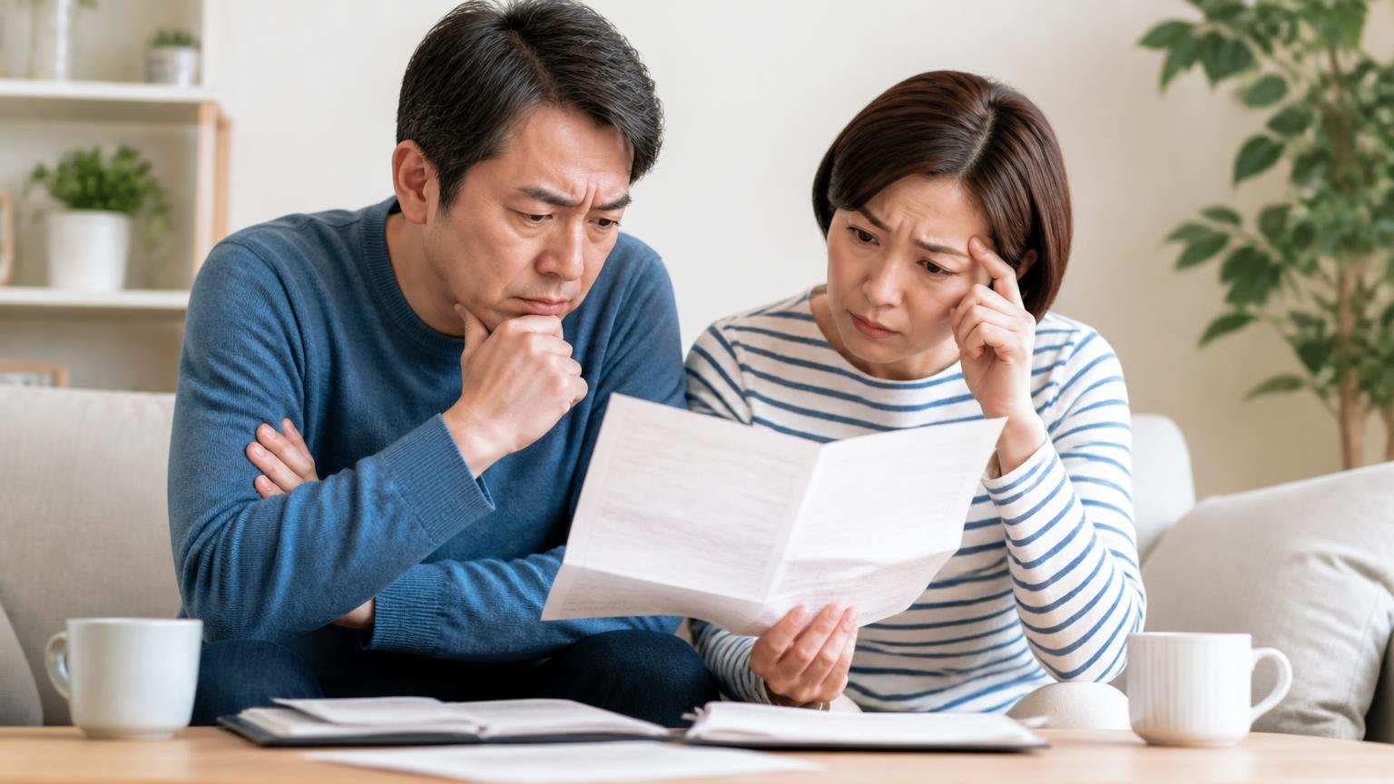 保証は年数ではなく中身を見る リビングで保証書を読み込む住人2名 細かい条件に眉をひそめる