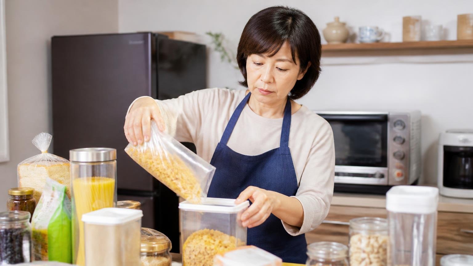 周りの食べ物を断つ/台所で50代女性1人が食品を密閉容器に移し替えながら真剣な表情