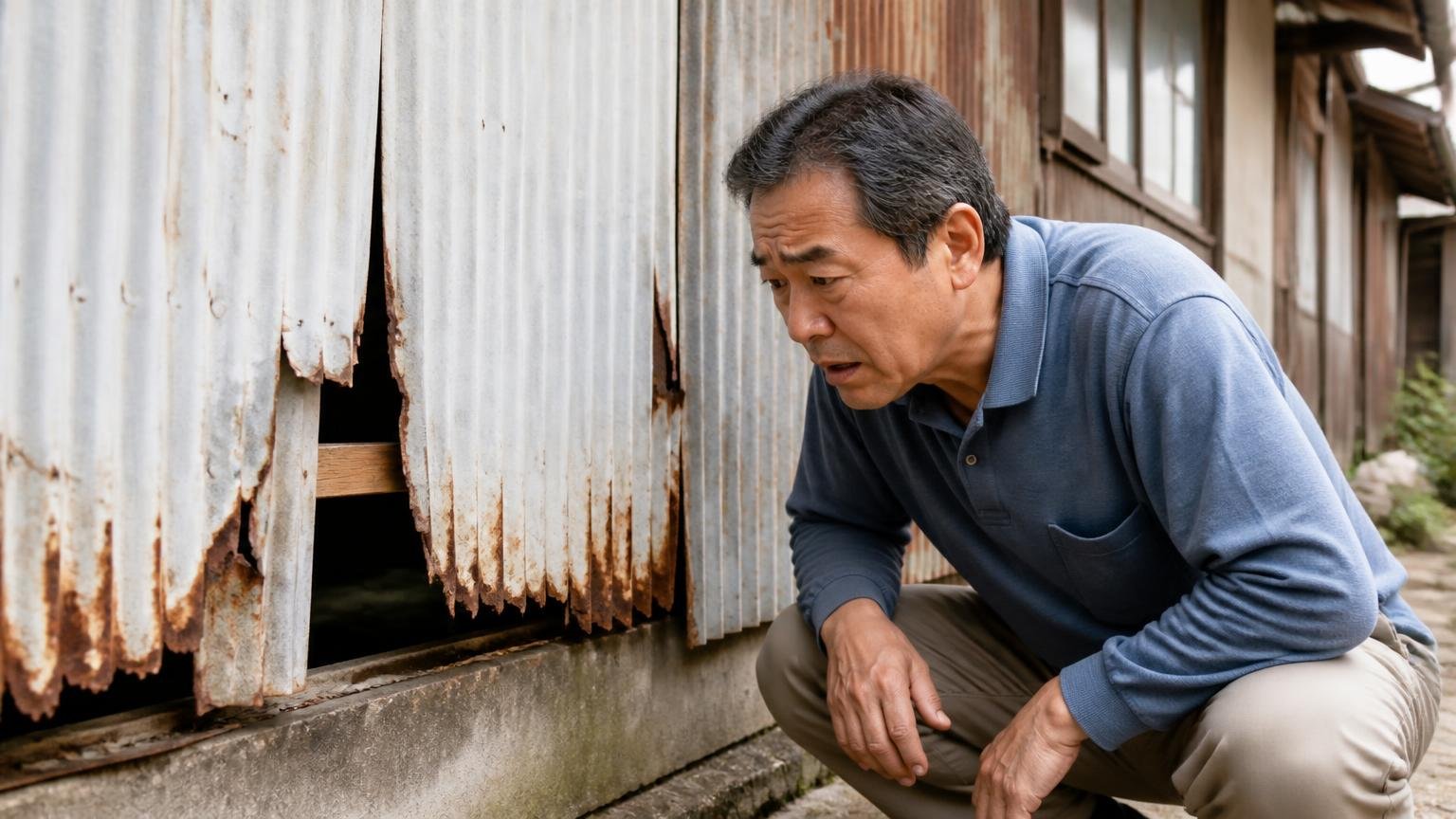 ふさぎたいのにふさげない人たち。古いトタン壁の家の外まわりで隙間を見つめる住人1人が困った表情