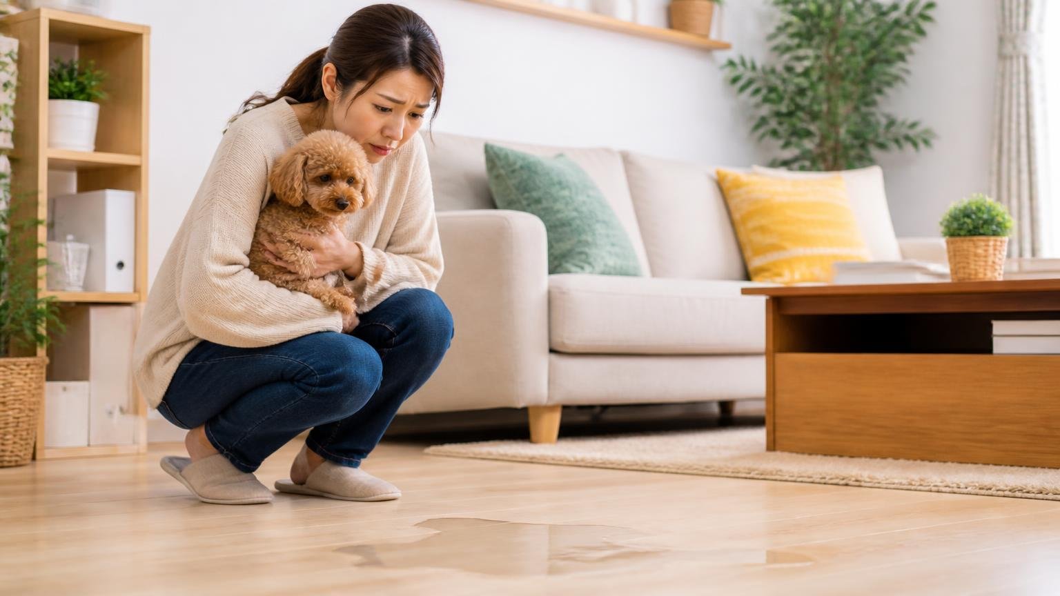 ペットや小さな子どもがいる家では置き場所の判断が最重要。リビングで飼い犬を抱えた女性が心配そうに床を見ている