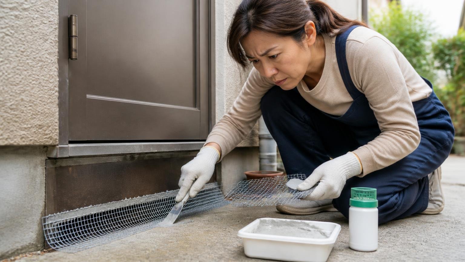 忌避剤と併用すると効果が変わる対策。戸建て住宅の勝手口まわりで、女性1人が金網とパテを使って足元の隙間を真剣な表情でふさいでいる