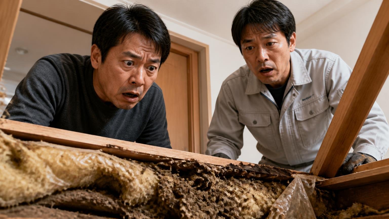 見てもらったほうが早い段階。天井裏の断熱材の被害を見て絶句する40代男性と作業着の男性