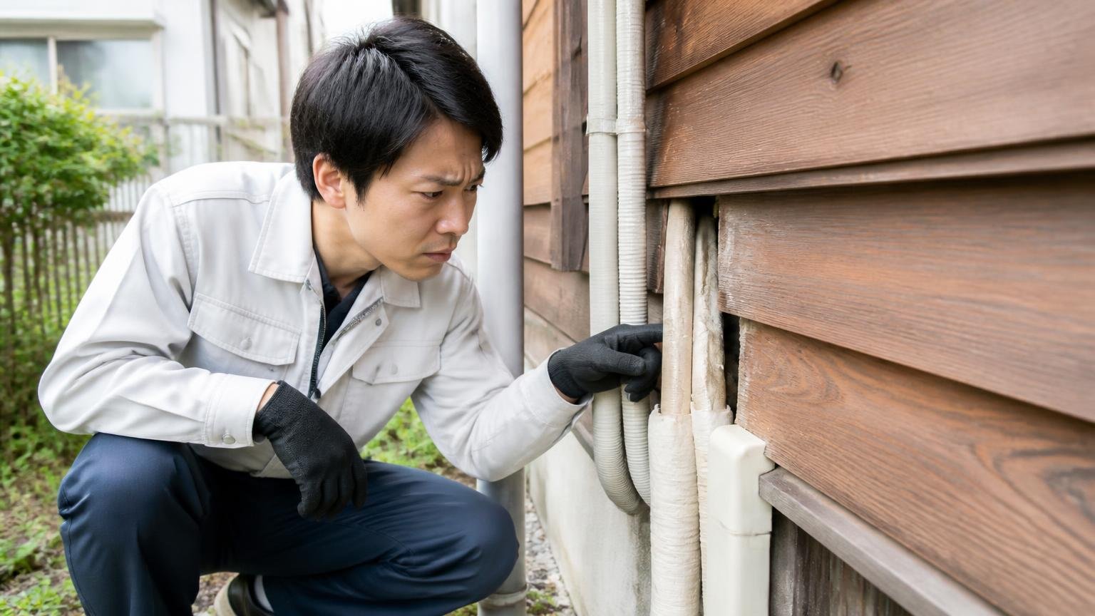 入り口が開いていればまた入ってくる。木造住宅の外壁まわりで配管まわりの隙間を点検する男性1人が眉をひそめている