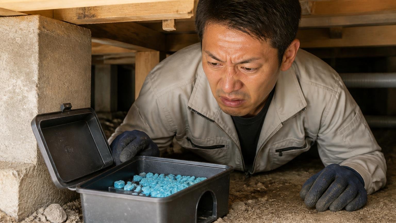 ネズミ専用の殺鼠剤ですら効かない個体がいる|住宅の床下で毒餌の容器を確認する|作業着の男性1人|減っていない餌を見て眉をひそめる
