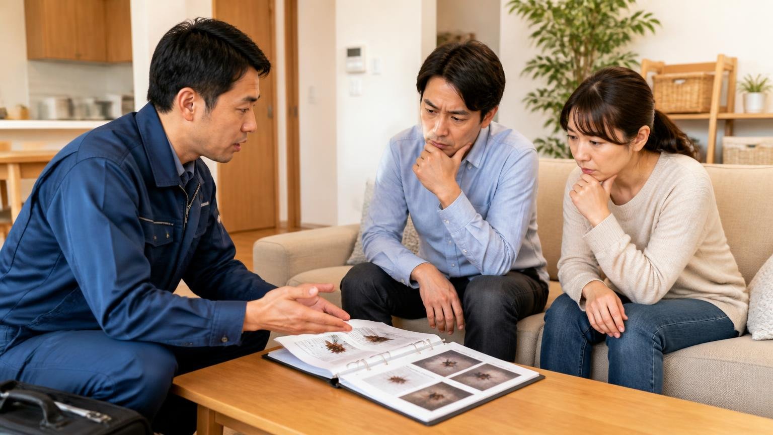粘着シートを使わない駆除業者がいる理由、リビングで作業員と打ち合わせ、説明する作業員と住人2人、真剣な表情