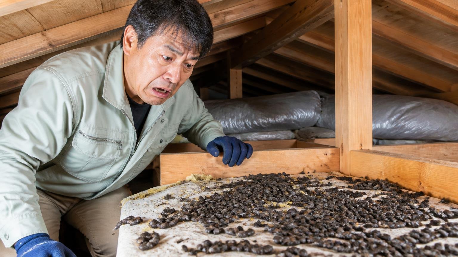 向いていない人の条件 木造住宅の天井裏で50代男性が大量のフンを見つけ表情をこわばらせる