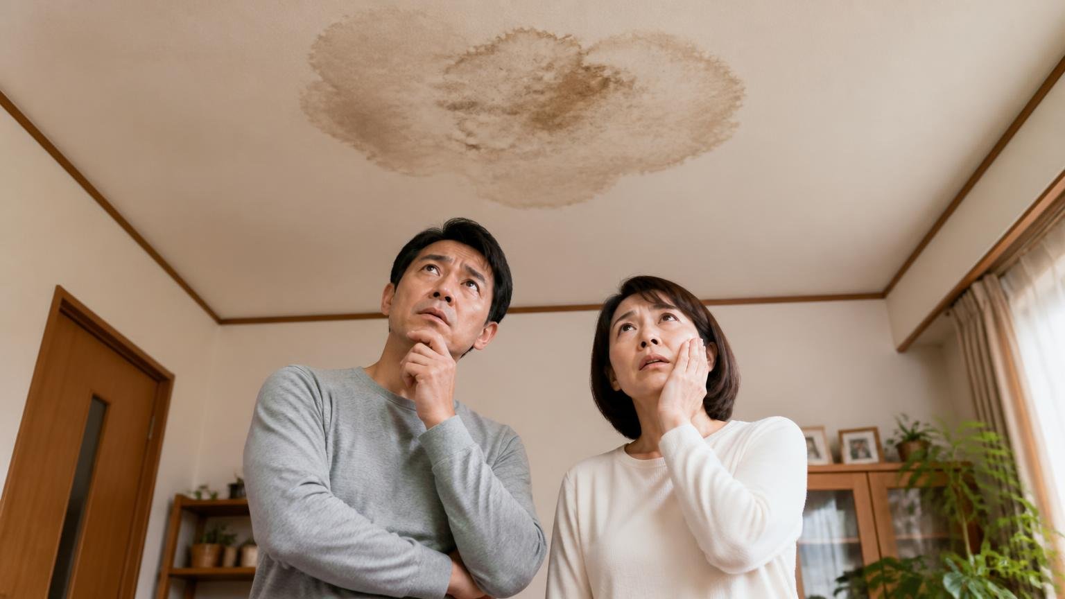 目で見えない場所に続いていたら段階が変わる。木造戸建ての天井のシミを見上げるリビングで住人2人が不安な表情