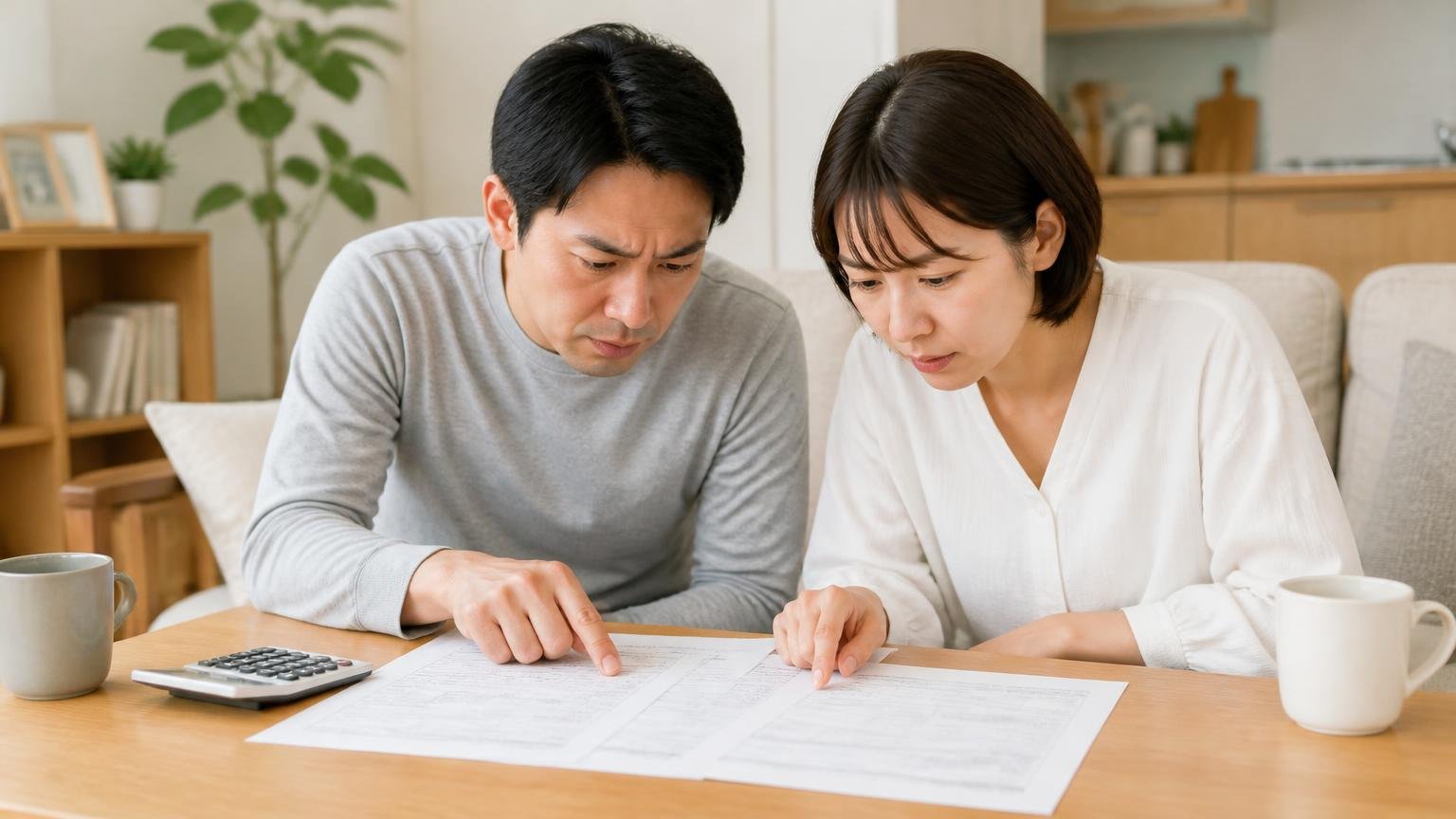 見積書は総額ではなくどこまで含まれるかで比べる リビングのテーブルで見積書を読む 住人2人 指で項目をなぞる真剣な表情