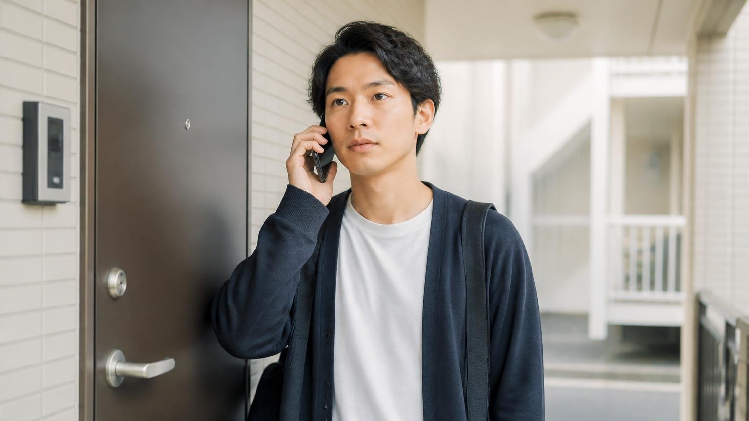 様子を見ていい人と賃貸の順番。集合住宅の玄関で管理会社に電話をかける20代男性1人が落ち着いた表情