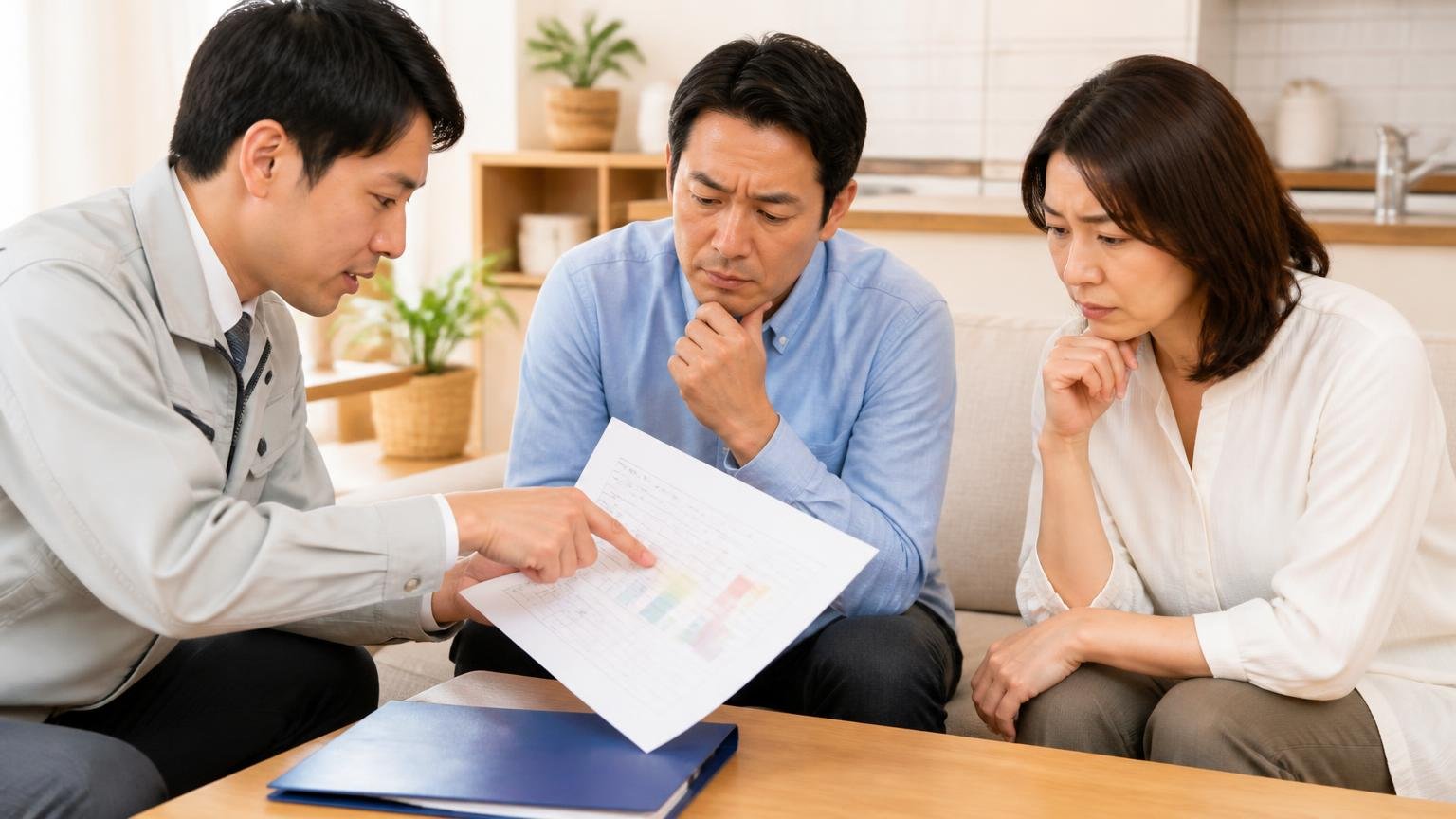 物差し②工程ごとの内訳で比べる。リビングで作業員1人が見積書を指さし夫婦2人が真剣に見る