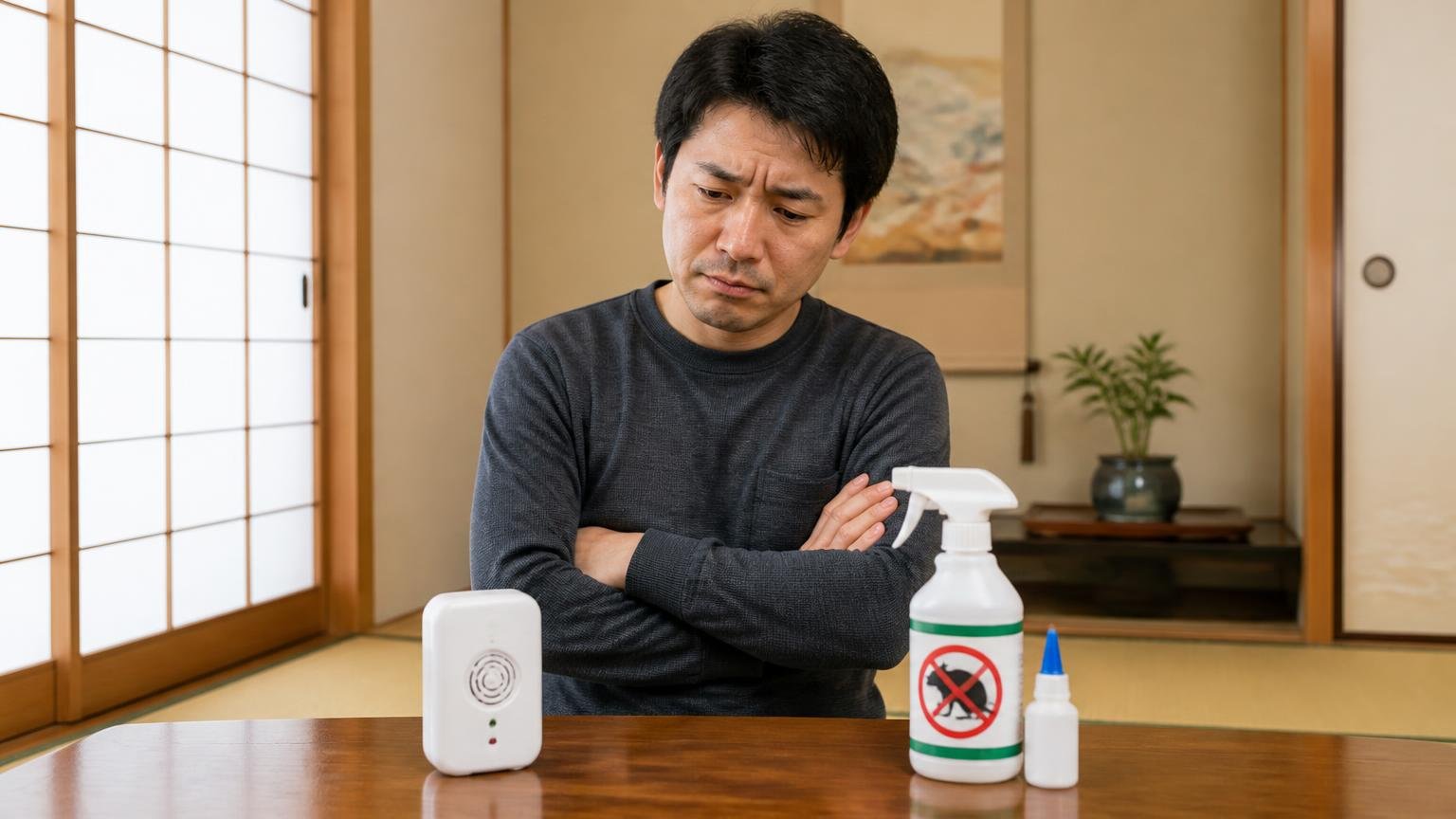 市販グッズの効く場面と限界|住宅の和室で超音波の装置と忌避剤を前に腕組みして考える男性1人
