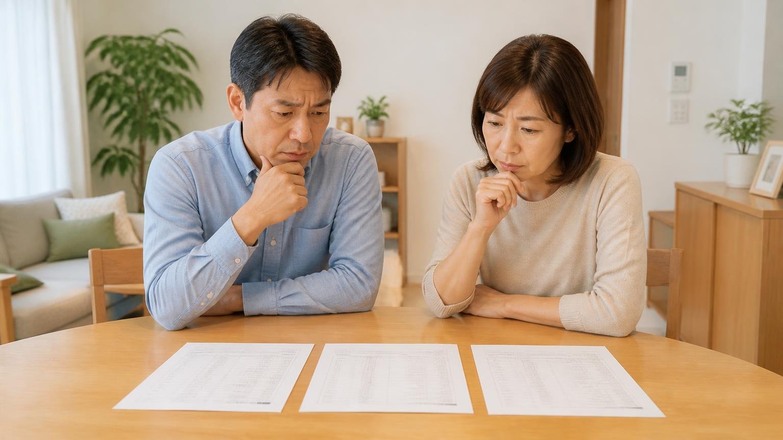 相見積もりは3社までが現実的。ダイニングテーブルに3社分の見積書を並べる40代夫婦2人