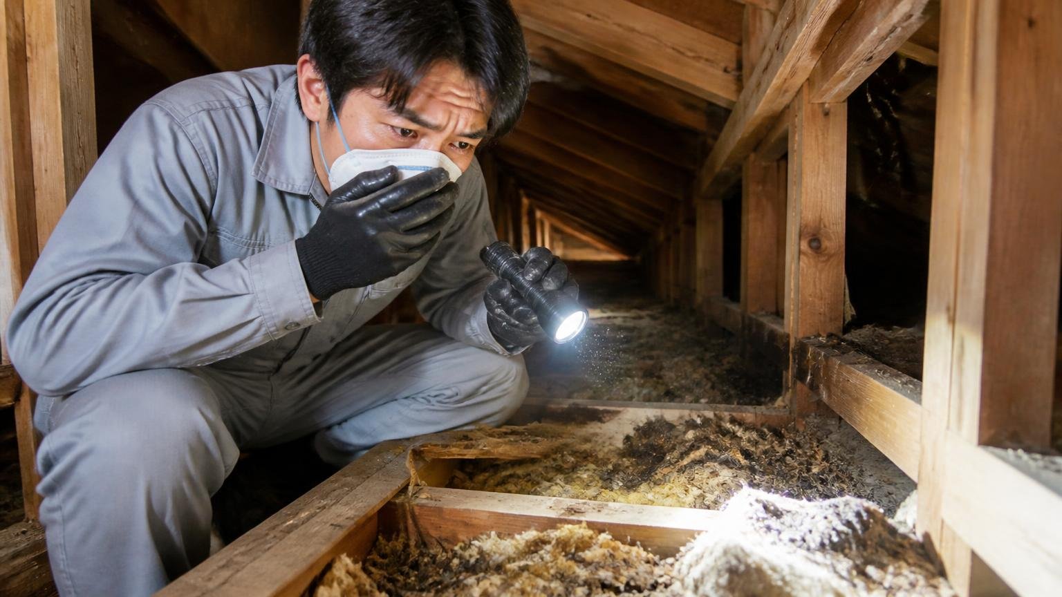 死骸はどこへ行くのか。木造戸建ての天井裏で鼻をおさえ奥を照らす作業員