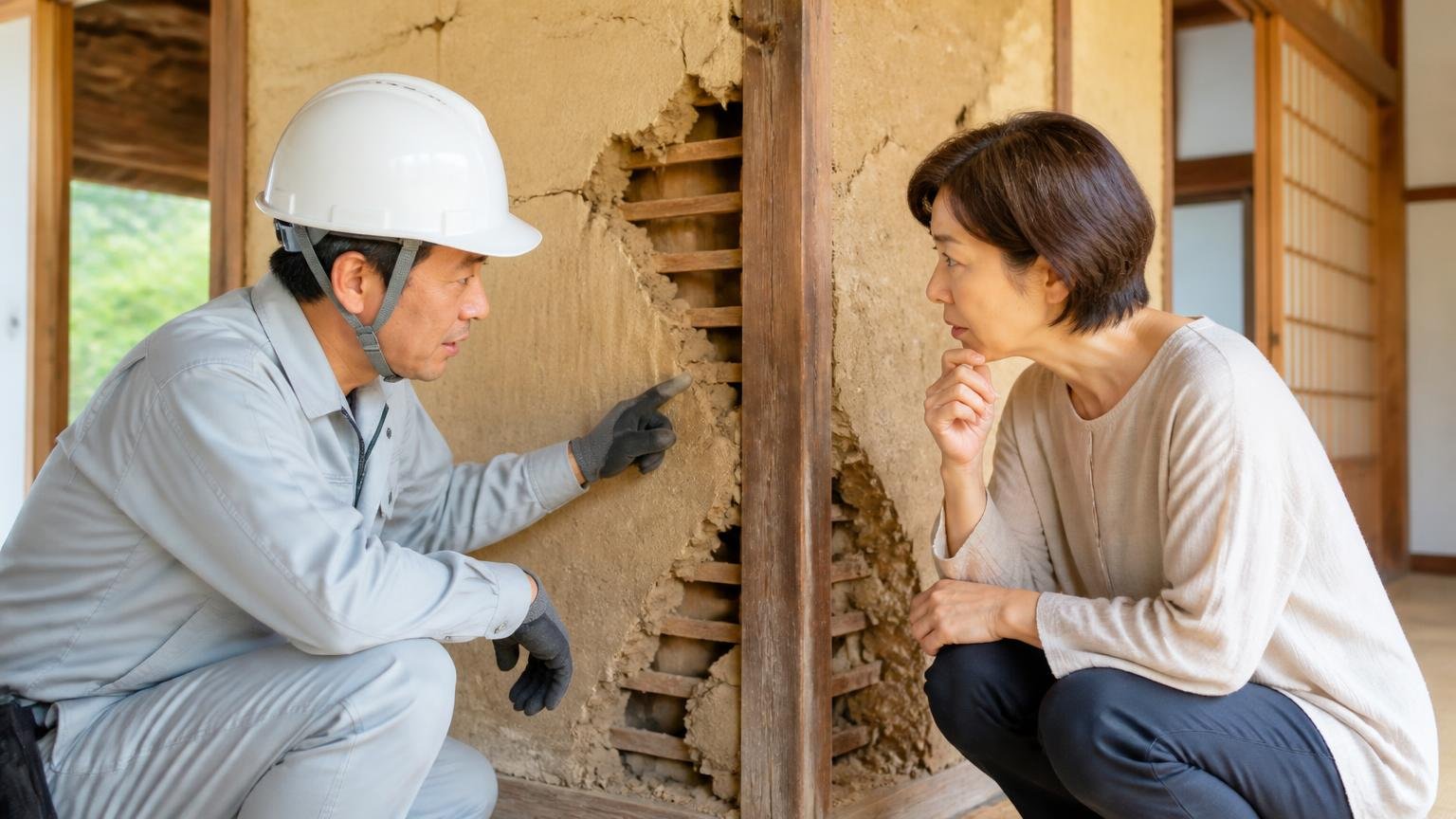 古民家だからこそ気をつけたい3つのこと。古民家の土壁の前で作業員1人と住人1人が手を止めて相談する