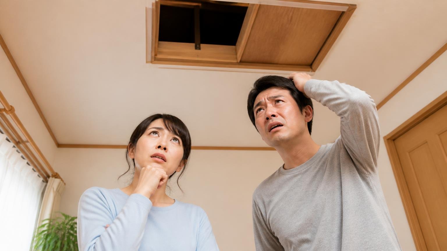 毒えさだけでは厳しい家の条件、木造戸建ての天井裏の点検口を見上げる夫婦2人が困り果てる