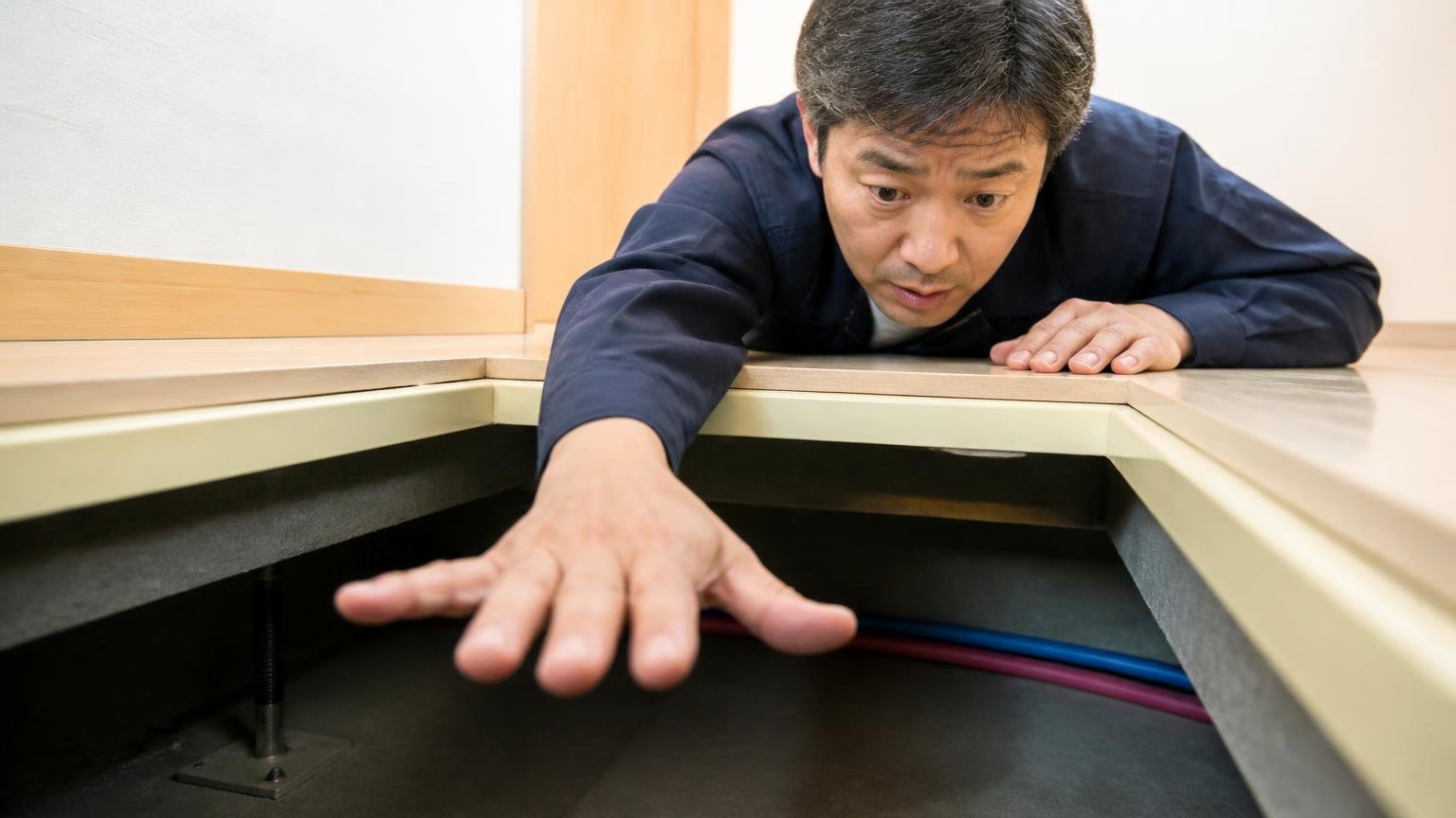 侵入口に自分の手が届くかが境目。住宅の床下点検口をのぞき込み腕を伸ばす40代男性1人