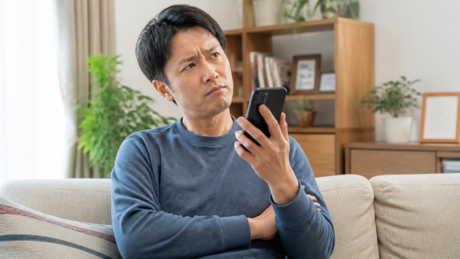 業者を呼ぶほどでもないと思う人へ。戸建てのリビングのソファでスマホを手にした男性1人が腕を組み迷う表情