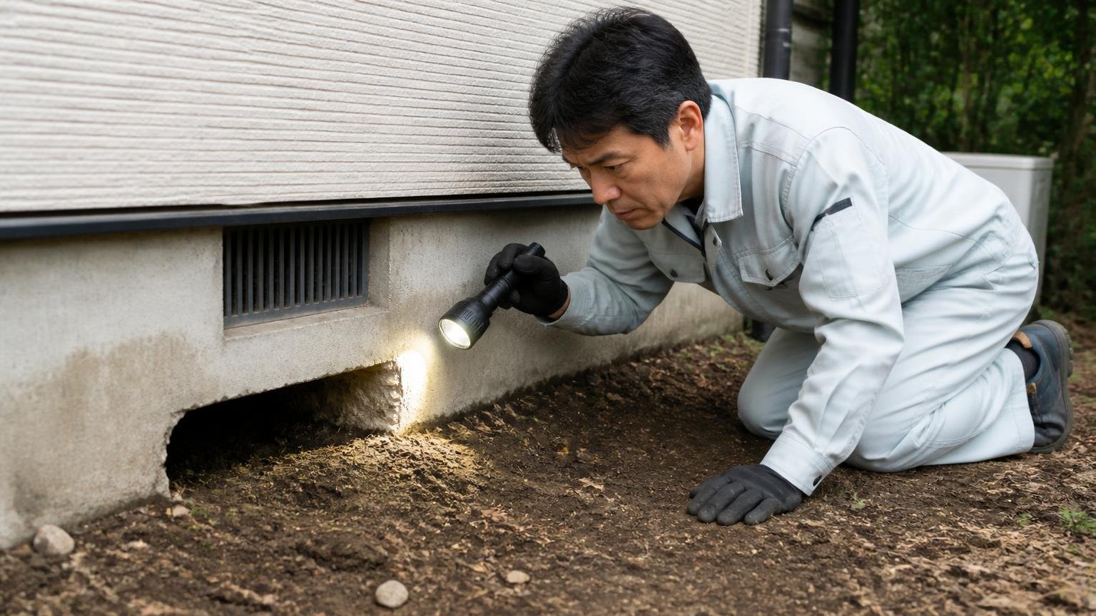 モグラの空きトンネルを他の小動物が通り道に使うことがある|住宅の基礎まわりの穴を懐中電灯で照らす作業服の男性1人