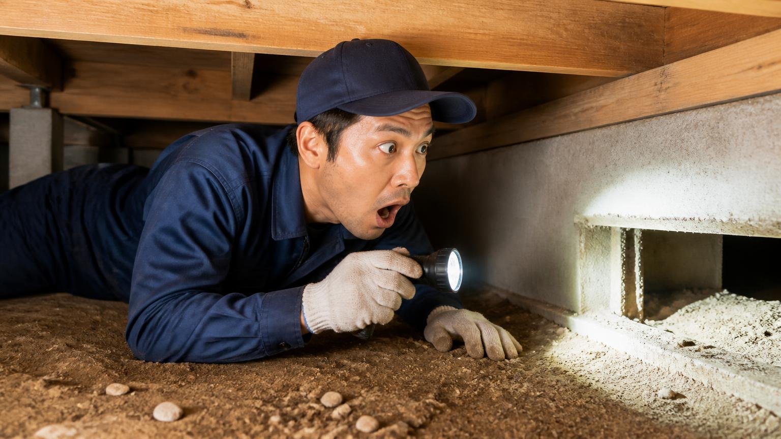 侵入口を見つけられるかに力量差が出る。住宅の床下にもぐる作業員1人がライトを当てて小さなすき間を発見し声を上げる