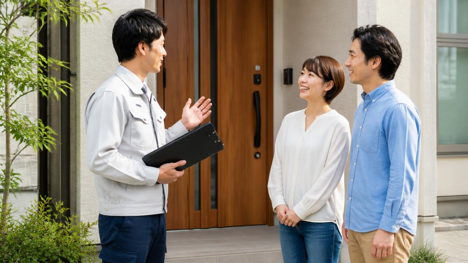 向いていない人が次にやるべきたった1つのこと、玄関前で男女2人が作業員と穏やかに話す