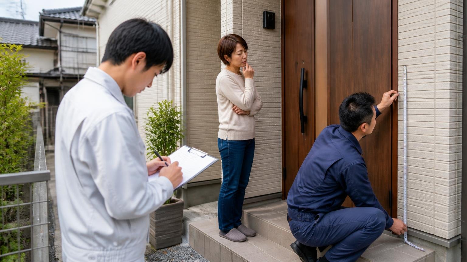 2〜3社で同じ条件を比べる 木造戸建ての玄関前 住人1人と作業員2人が別々の日に調査する様子