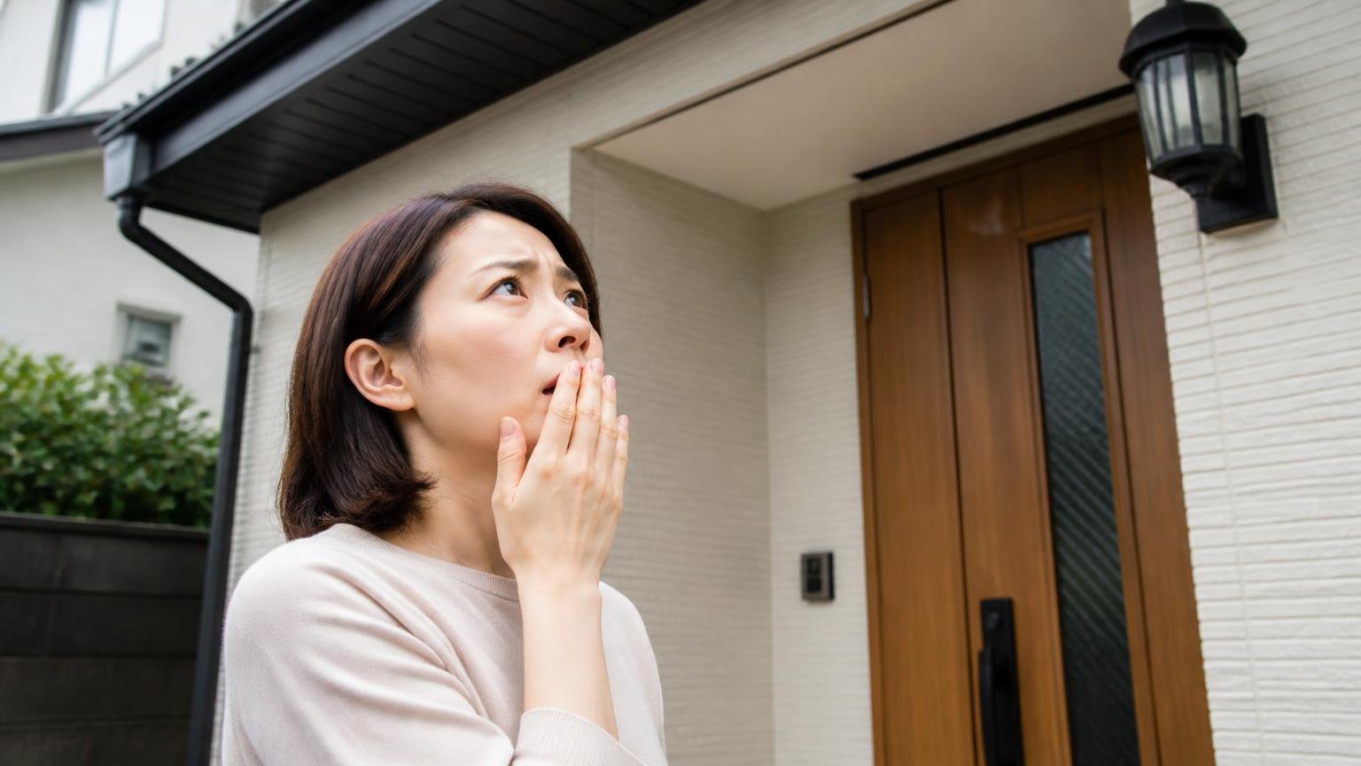 音の主がネズミ以外かもしれない不安。玄関前で屋根の軒下を見上げる30代女性が口元に手を当てる