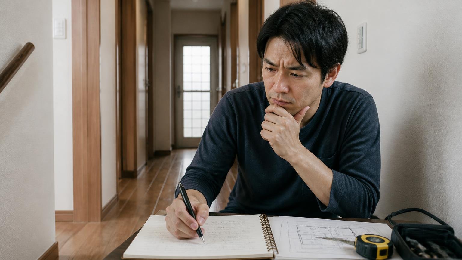 機械と封鎖どちらが先か 木造戸建ての廊下で対策の手順をノートに書き出す30代男性が考え込む