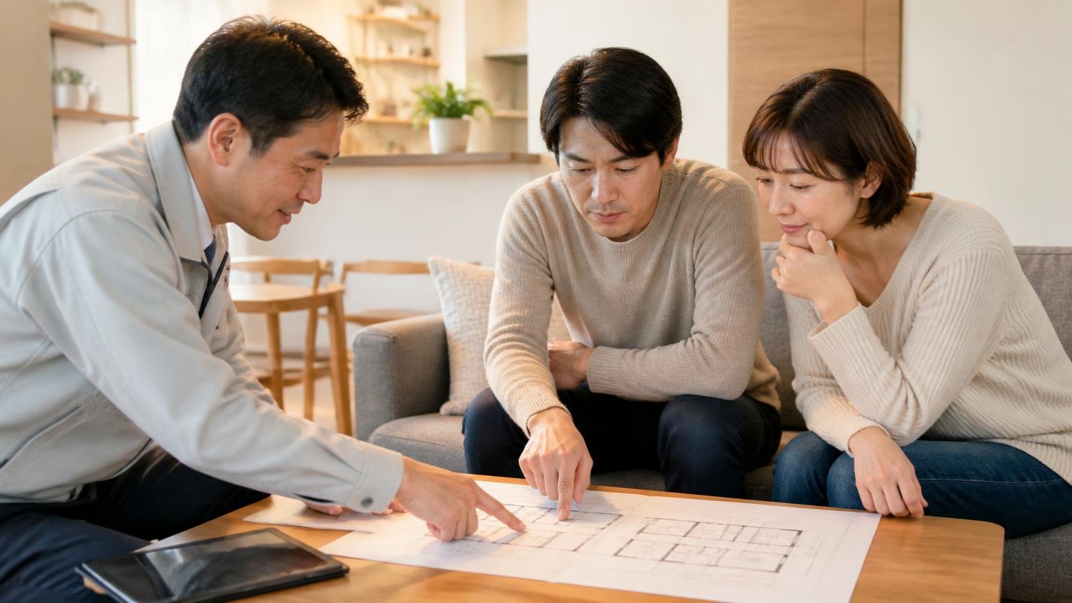 買う前に確かめる3つのこと リビングで作業員と打ち合わせする夫婦2人が図面を指さす