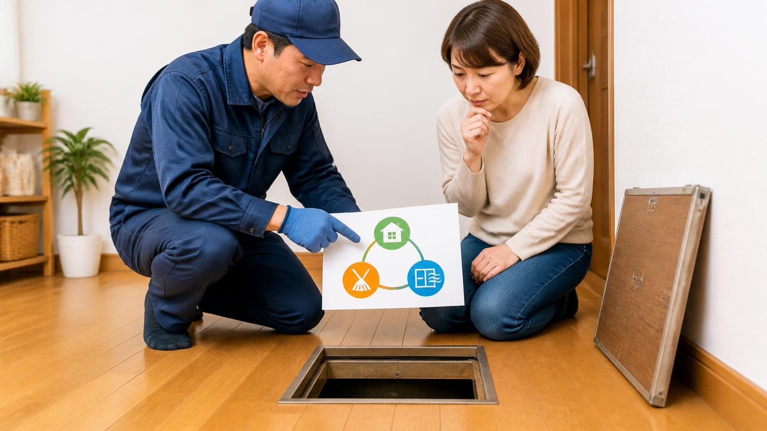 環境的防除の3本柱。木造戸建ての床下点検口の前で作業員1人と住人1人が図を見ながら話し合う