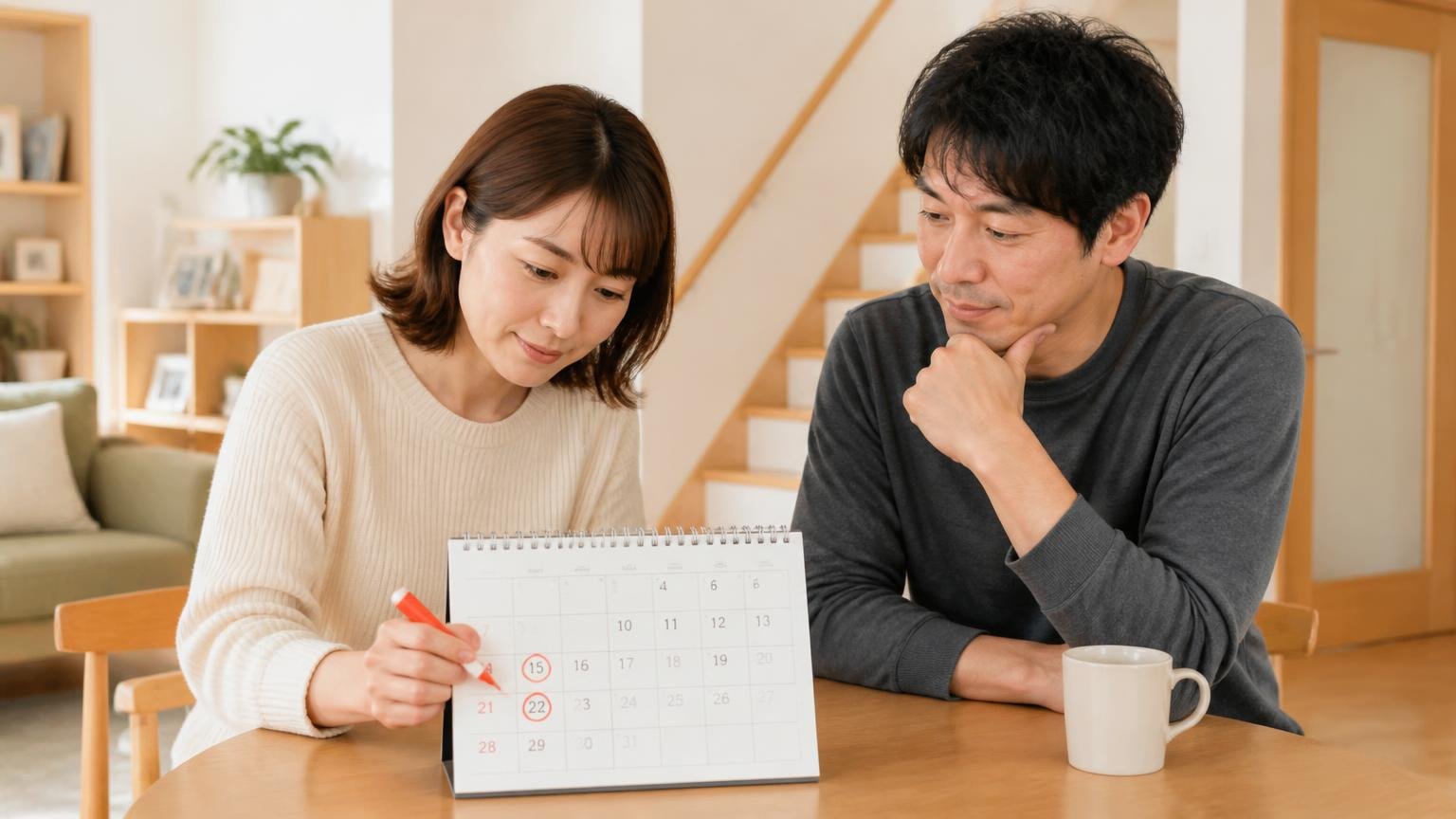 迷ったときの判断ライン2週間、木造戸建てのリビングでカレンダーに印をつける30代女性と見守る40代男性