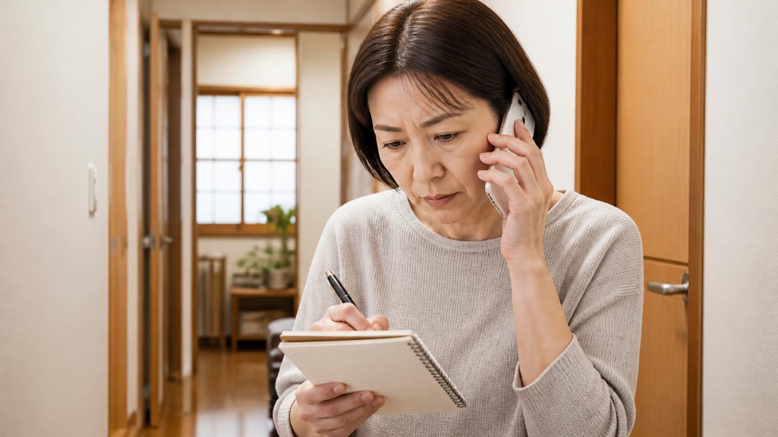 電話見積もりの金額は変わる前提で聞く 木造戸建ての廊下でスマホを耳に当てて話す 50代女性1人 メモを取りながら真剣な表情