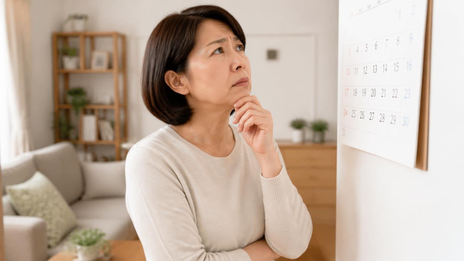 効果が切れるタイミングを気にする場面 リビングでカレンダーを見上げる 50代女性が眉根を寄せる